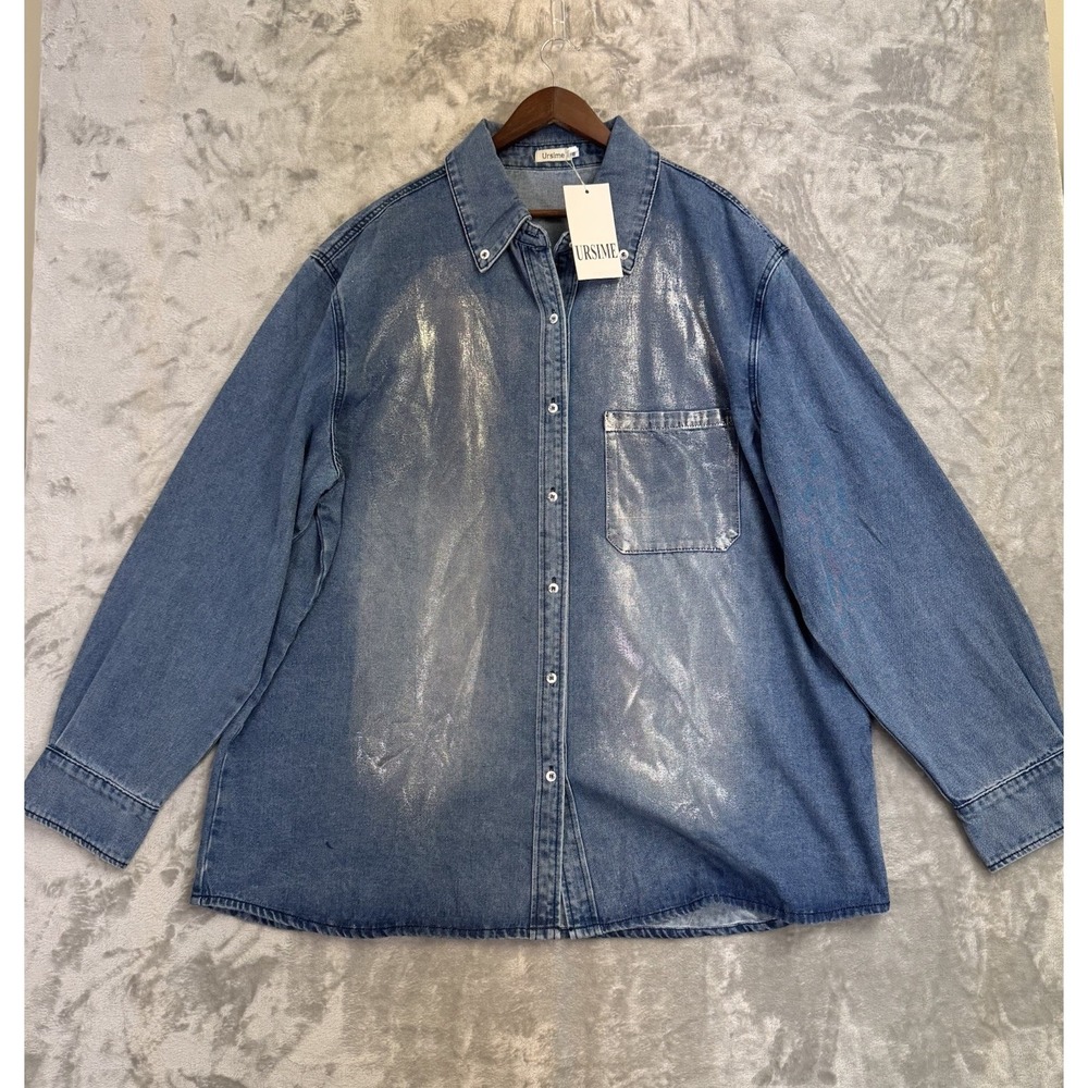 Womens 4X Metallic Denim Button Up Shirt Oversized Shacket Silver Wash Plus Size
